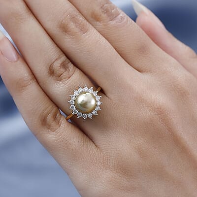 South Sea Golden Pearl and Moissanite Sunburst Ring in Vermeil Yellow Gold Over Sterling Silver (Size 10.0) 0.40 ctw