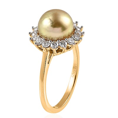 South Sea Golden Pearl and Moissanite Sunburst Ring in Vermeil Yellow Gold Over Sterling Silver (Size 10.0) 0.40 ctw