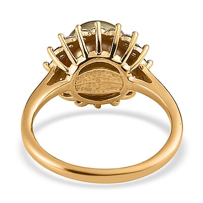 South Sea Golden Pearl and Moissanite Sunburst Ring in Vermeil Yellow Gold Over Sterling Silver (Size 10.0) 0.40 ctw