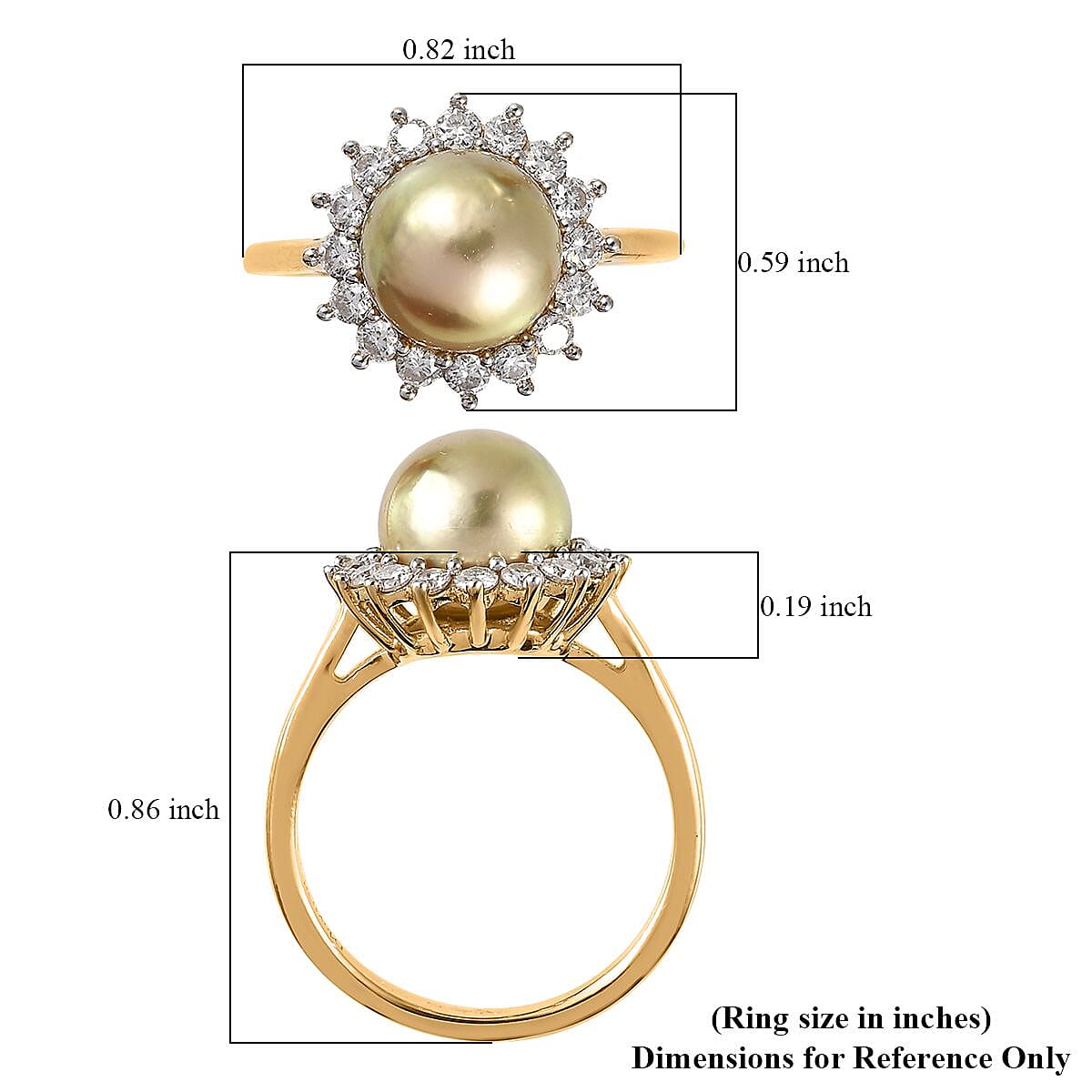 South Sea Golden Pearl and Moissanite Sunburst Ring in Vermeil Yellow Gold Over Sterling Silver (Size 10.0) 0.40 ctw