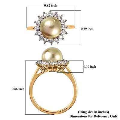 South Sea Golden Pearl and Moissanite Sunburst Ring in Vermeil Yellow Gold Over Sterling Silver (Size 10.0) 0.40 ctw