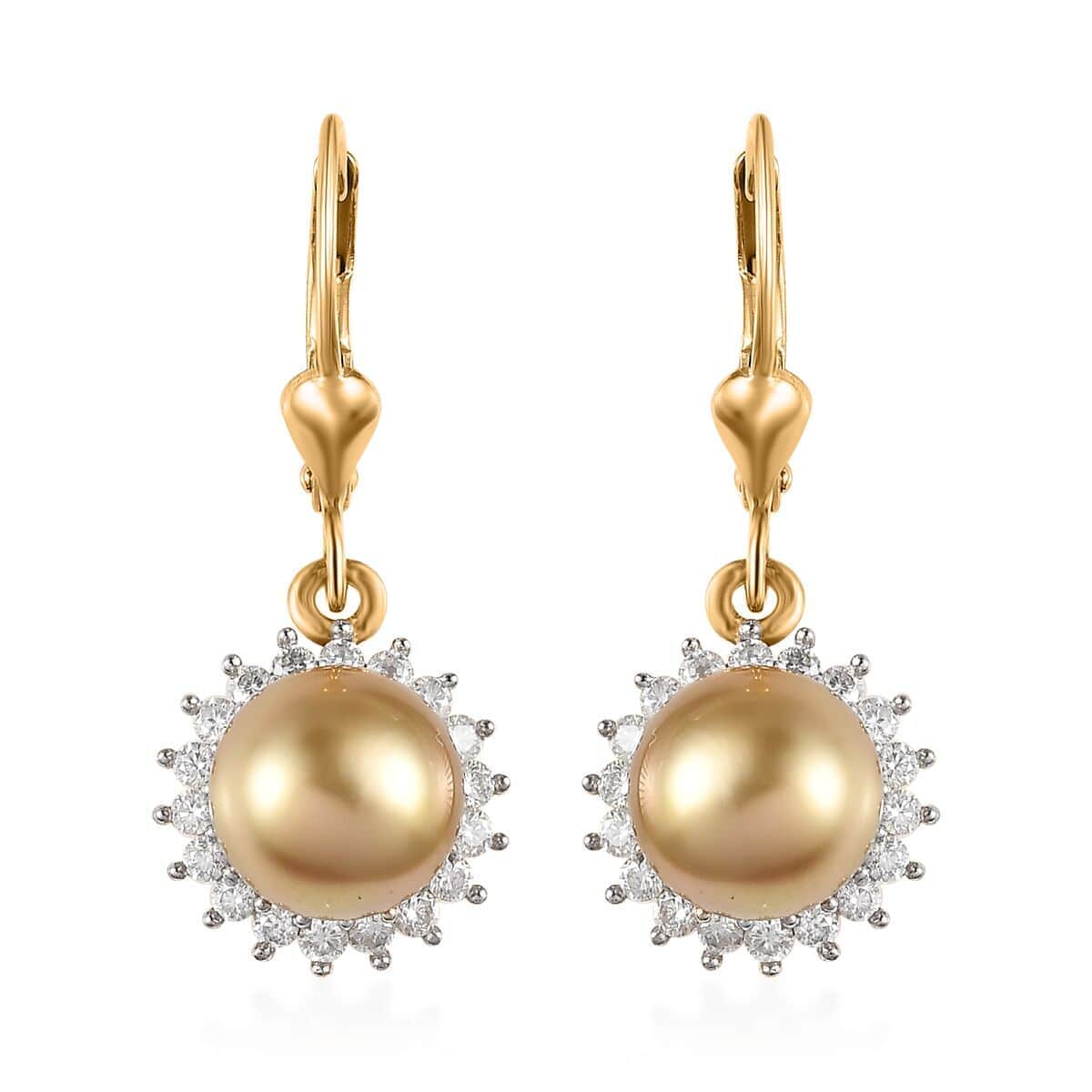 South Sea Golden Pearl and Moissanite Sunburst Earrings in Vermeil Yellow Gold Over Sterling Silver 0.35 ctw image number 0