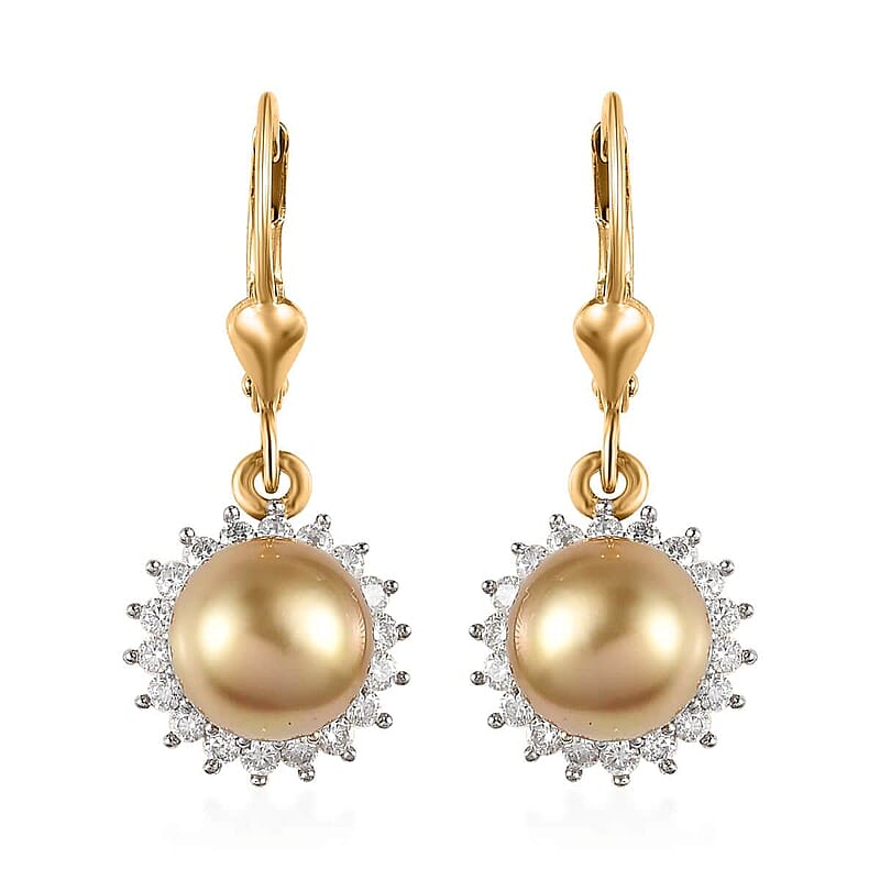 South Sea Golden Pearl and Moissanite Sunburst Earrings in Vermeil Yellow Gold Over Sterling Silver 0.35 ctw