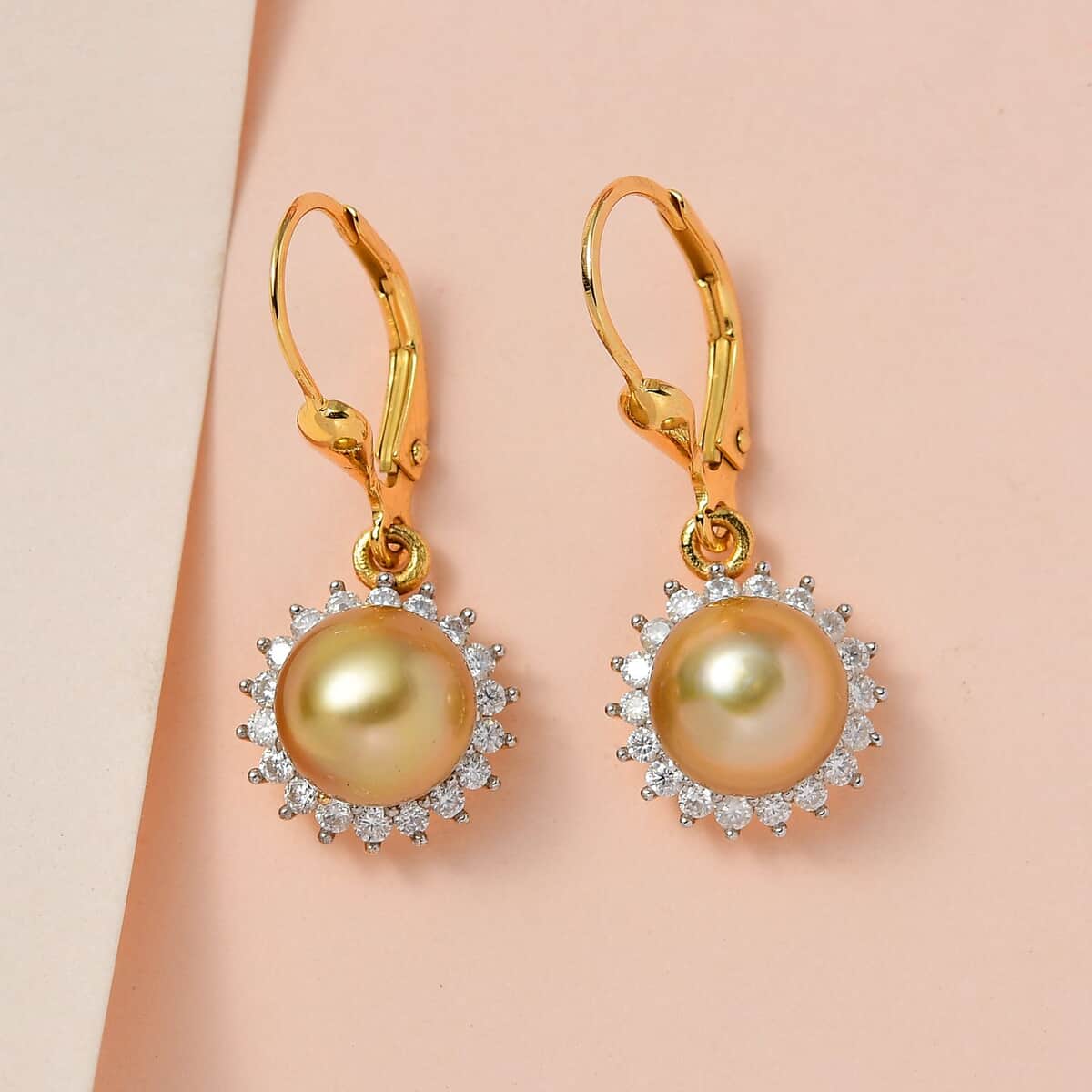 South Sea Golden Pearl and Moissanite Sunburst Earrings in Vermeil Yellow Gold Over Sterling Silver 0.35 ctw image number 1