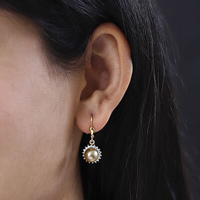 South Sea Golden Pearl and Moissanite Sunburst Earrings in Vermeil Yellow Gold Over Sterling Silver 0.35 ctw