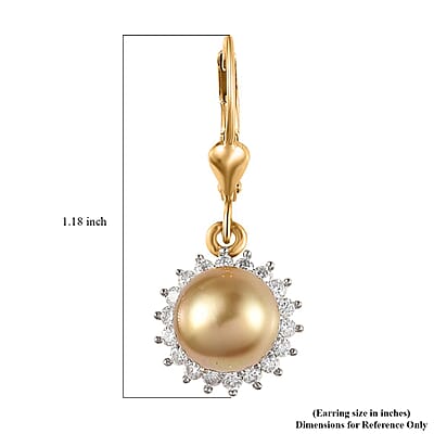 South Sea Golden Pearl and Moissanite Sunburst Earrings in Vermeil Yellow Gold Over Sterling Silver 0.35 ctw