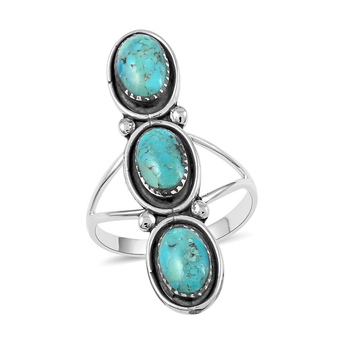 Santa Fe Style Kingman Turquoise 3 Stone Ring in Sterling Silver (Size 10.0) 8.00 ctw