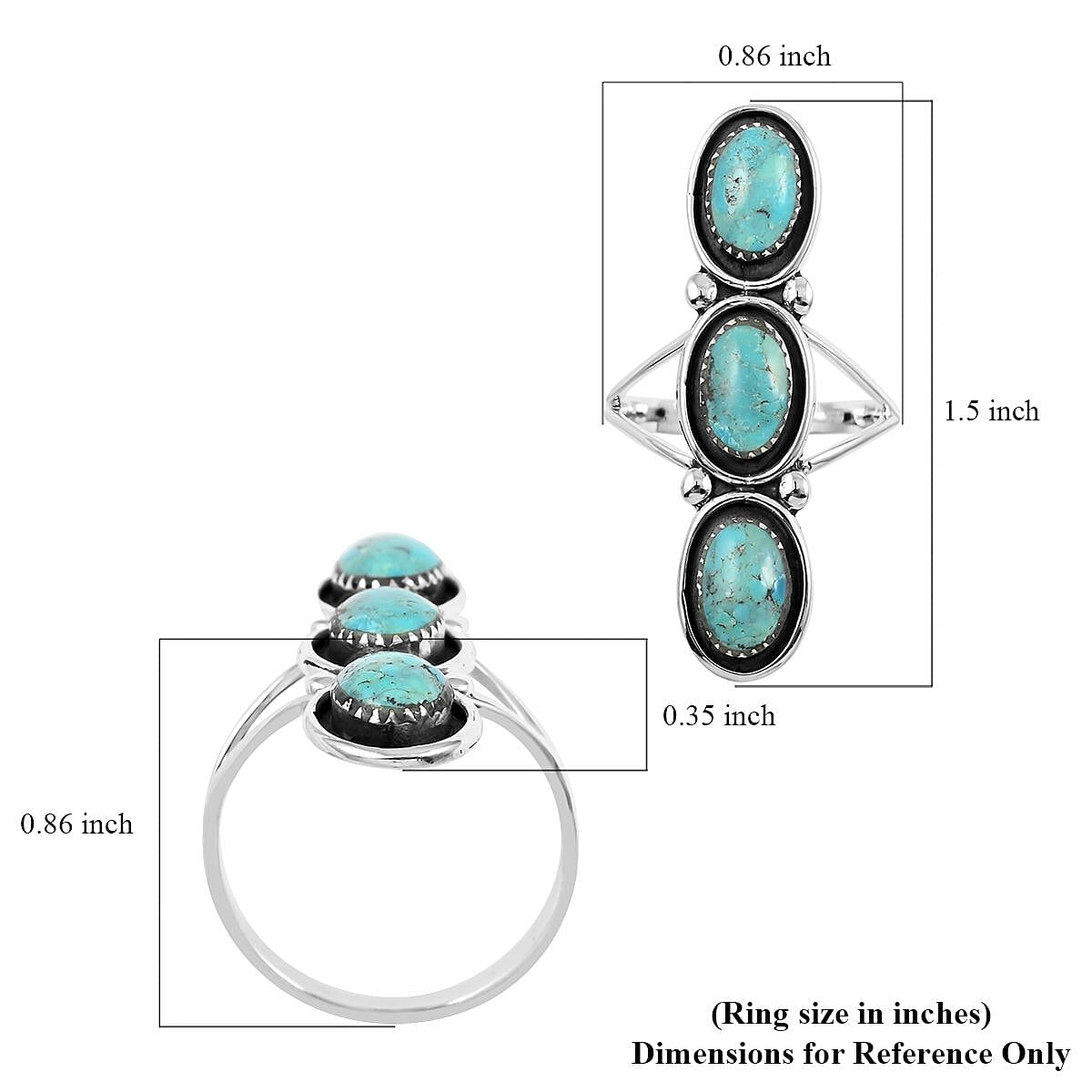 Santa Fe Style Kingman Turquoise 3 Stone Ring in Sterling Silver (Size 10.0) 8.00 ctw