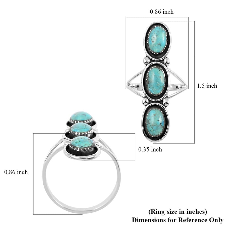 Santa Fe Style Kingman Turquoise 3 Stone Ring in Sterling Silver (Size 10.0) 8.00 ctw