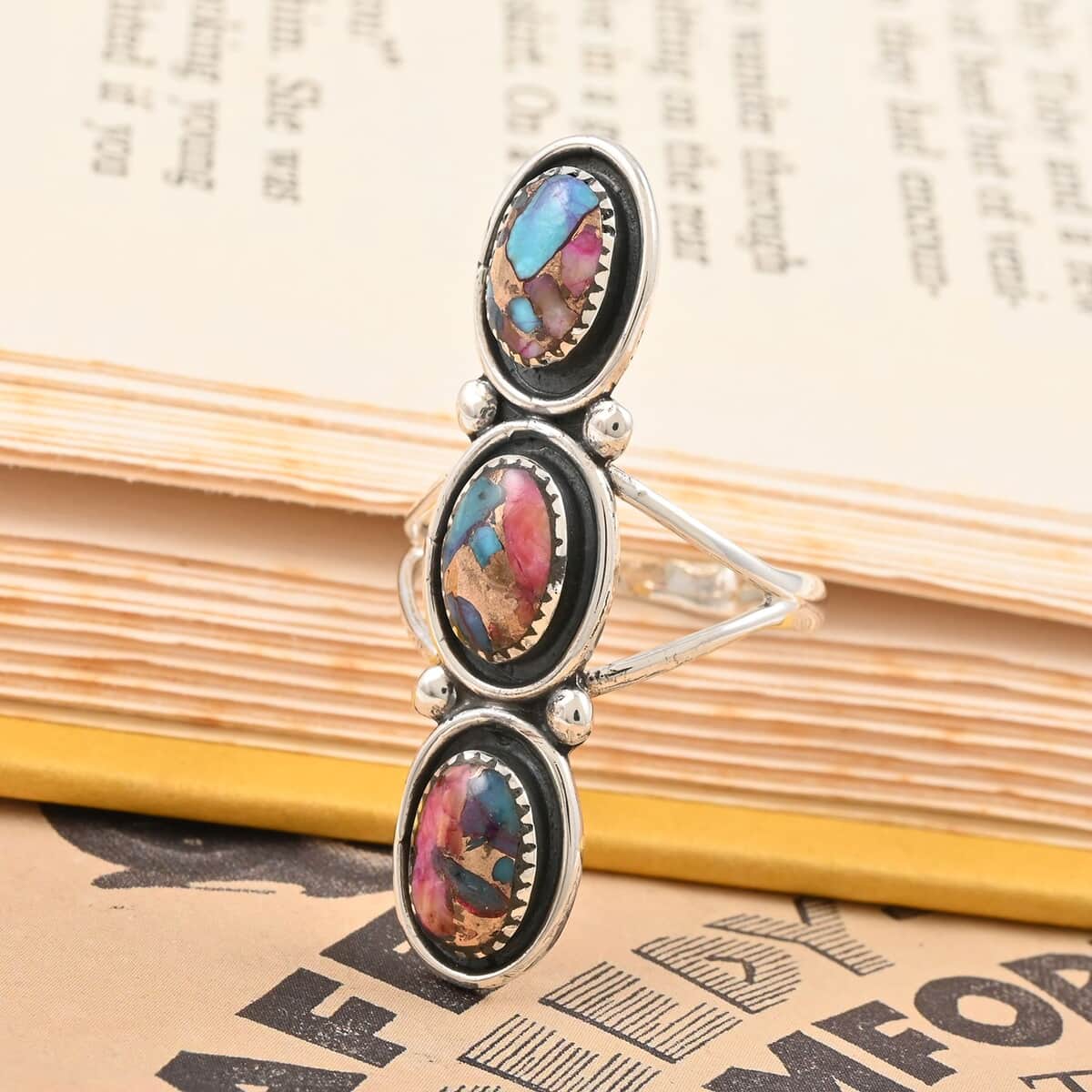 Santa Fe Style Multi Gemstone 3 Stone Ring in Sterling Silver (Size 7.0) 8.00 ctw image number 1