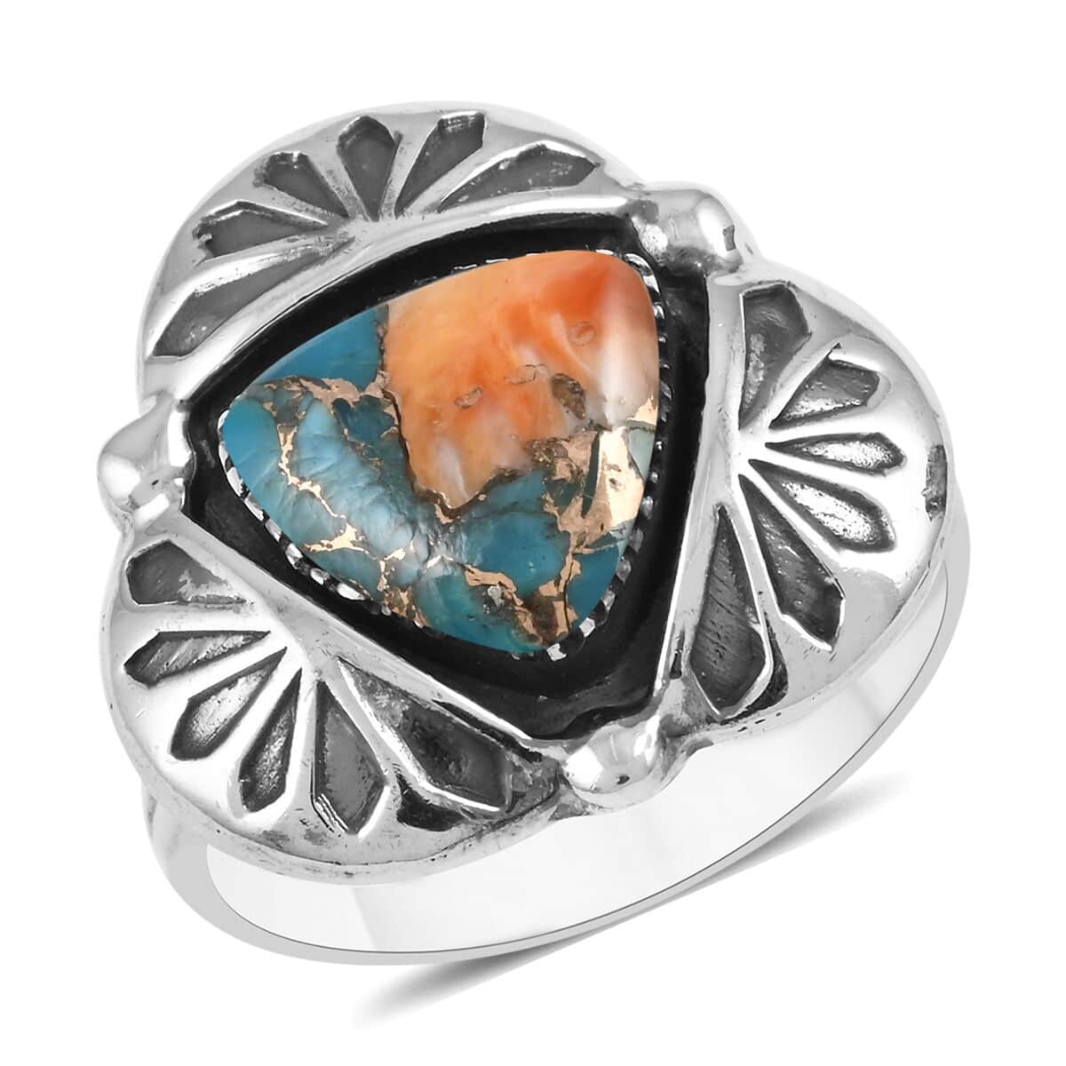 Santa Fe Style Spiny Turquoise Solitaire Ring in Sterling Silver (Size 10.0) 3.50 ctw image number 0