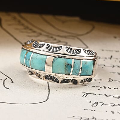 Santa Fe Style Kingman Turquoise Ring in Sterling Silver (Size 10.0) 3.00 ctw