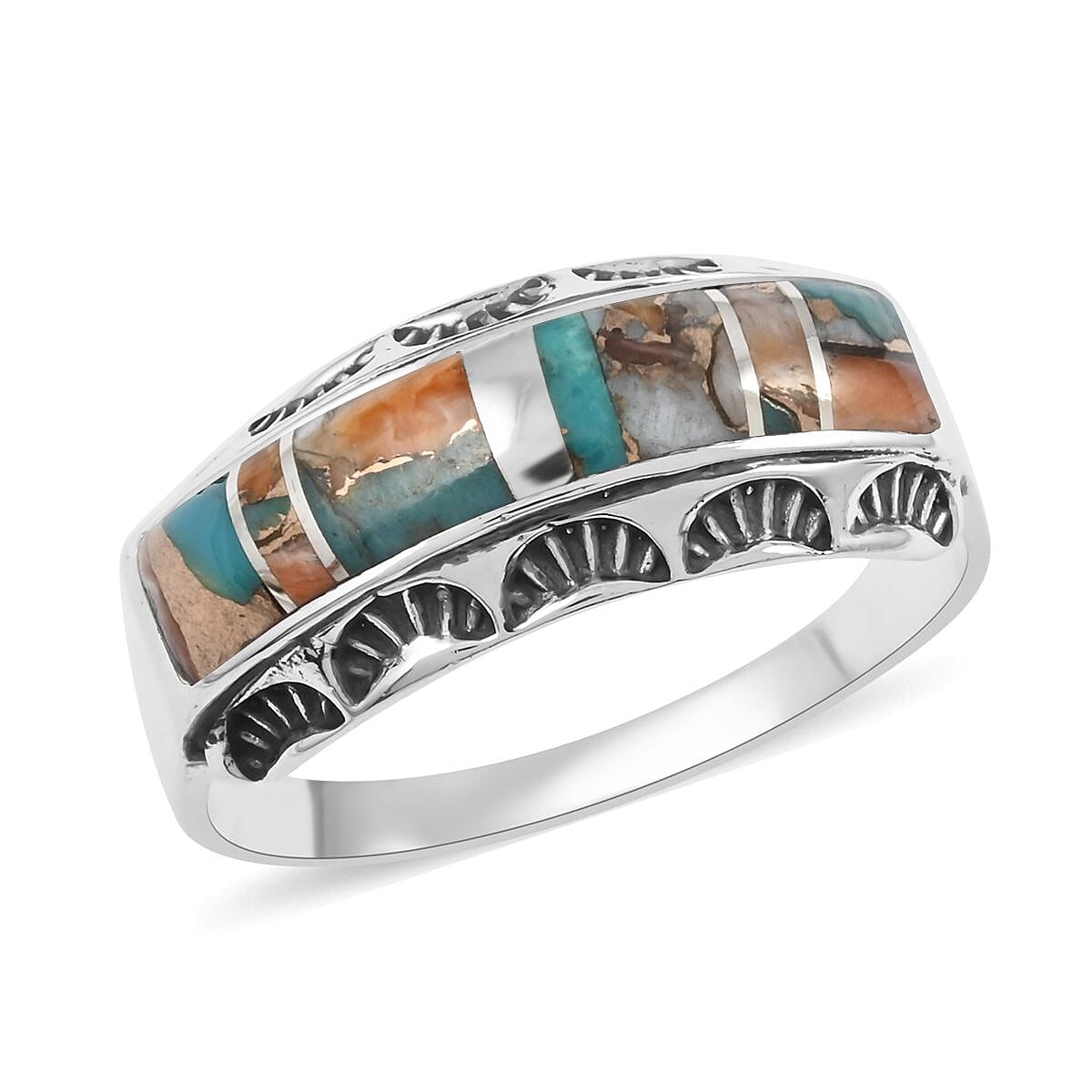Santa Fe Style Spiny Turquoise Ring in Sterling Silver (Size 9.0) 3.00 ctw image number 0
