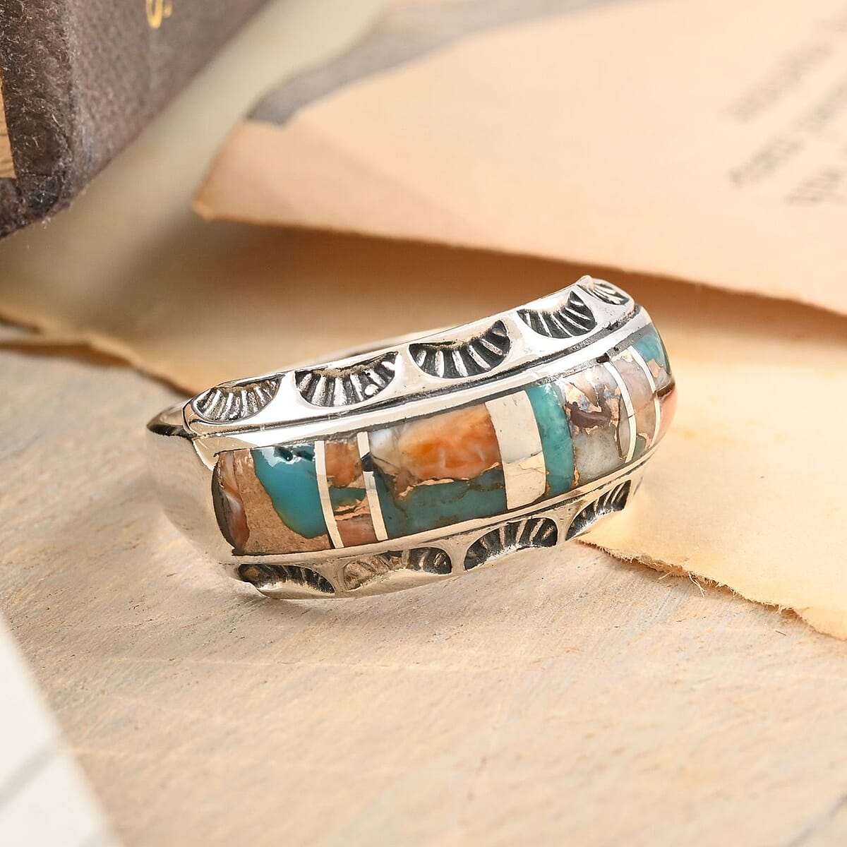 Santa Fe Style Spiny Turquoise Ring in Sterling Silver (Size 9.0) 3.00 ctw image number 1