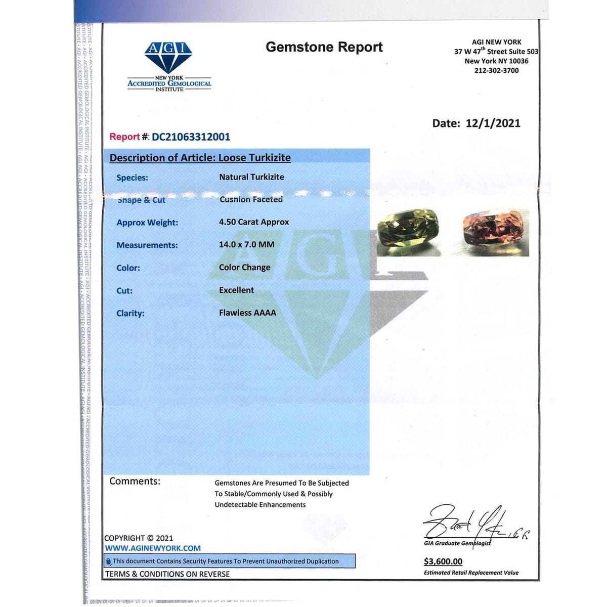 Certified and Appraised AAAA Turkizite (Cush Free Size) 4.00 ctw image number 4