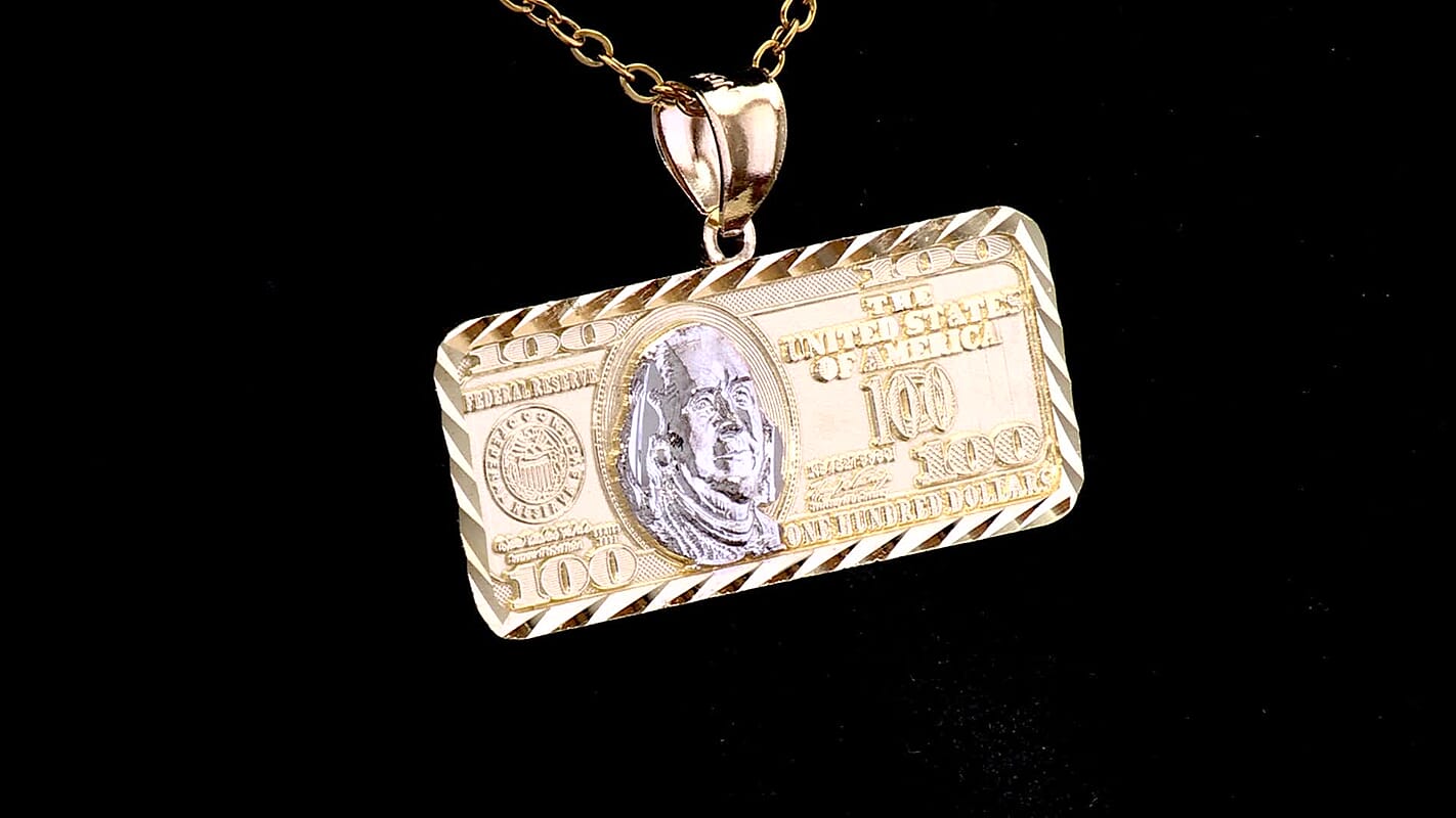 Made in America Dollar Pendant, 100 Dollar Bill Pendant, Dollar Pendant Gold, 10K Yellow and White Gold Pendant, Dual tone Gold Pendant 3.40 Grams