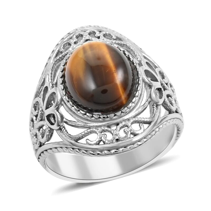 Tiger's Eye Solitaire Ring in Rhodium Over Sterling Silver (Size 10.0) 4.00 ctw