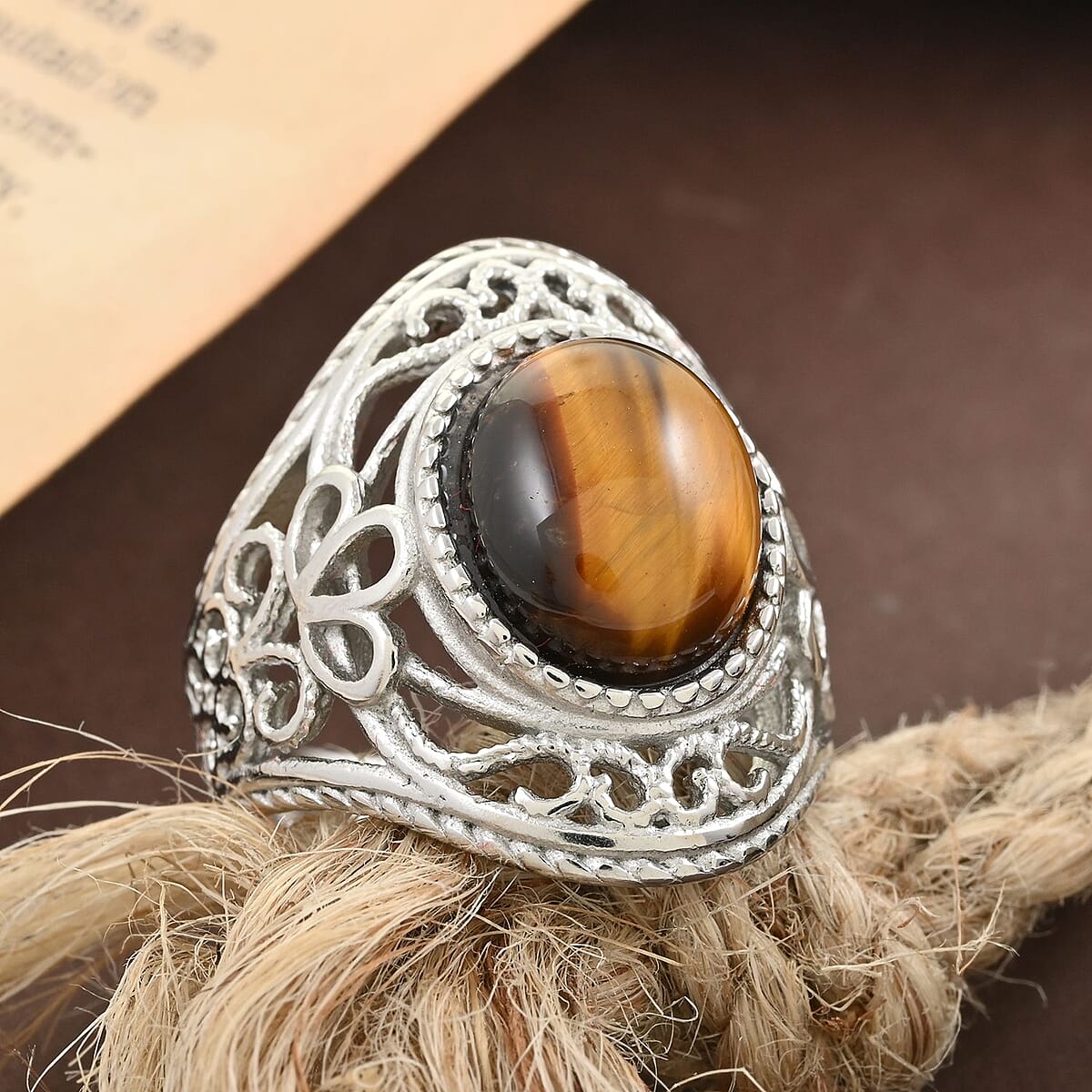 Tiger's Eye Solitaire Ring in Rhodium Over Sterling Silver 4.00 ctw image number 1