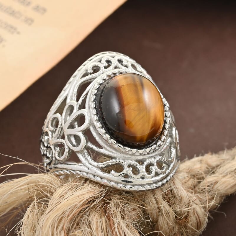 Tiger's Eye Solitaire Ring in Rhodium Over Sterling Silver (Size 10.0) 4.00 ctw