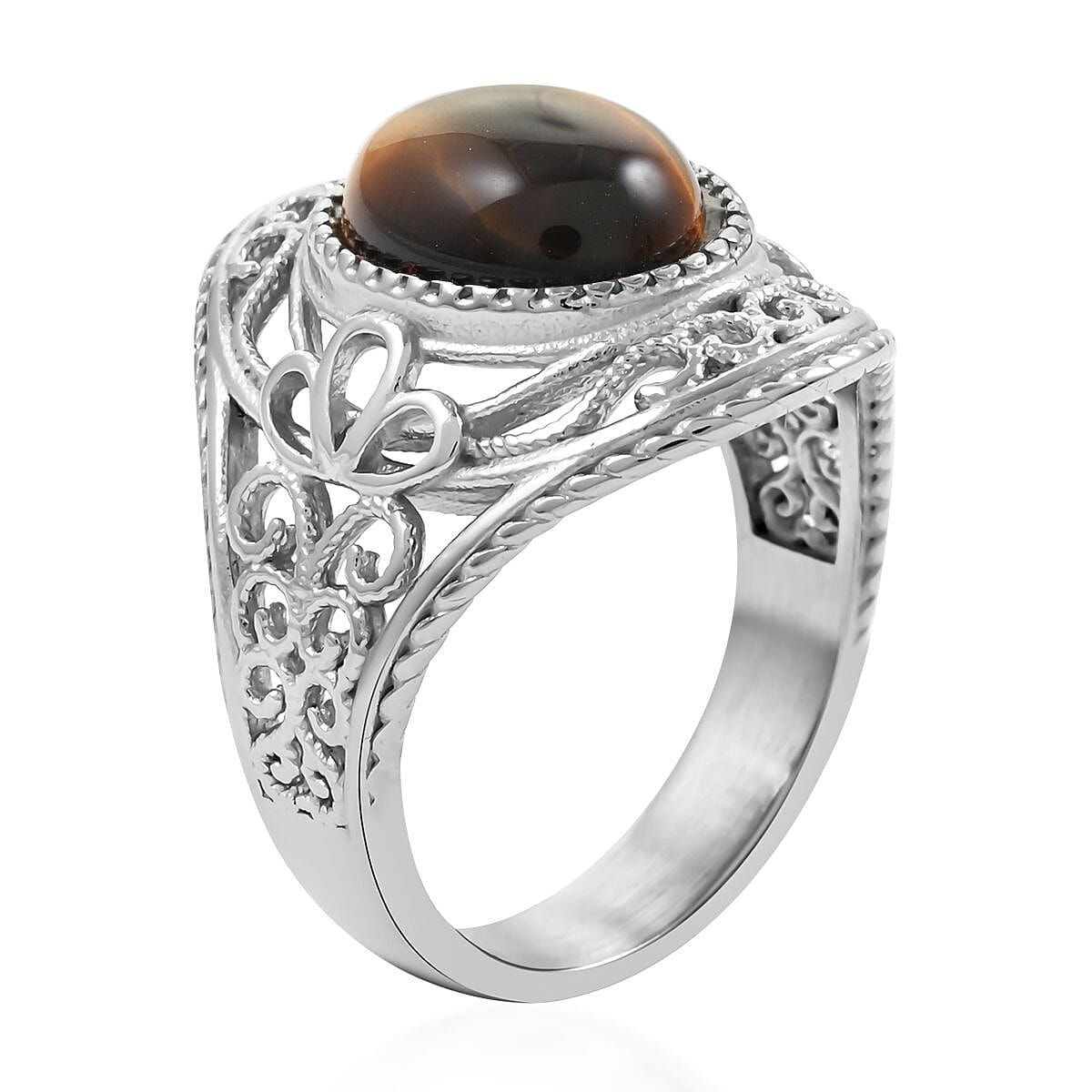 Tiger's Eye Solitaire Ring in Rhodium Over Sterling Silver 4.00 ctw image number 3