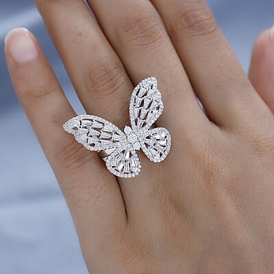 GP Italian Garden Collection Moissanite Butterfly Ring in Platinum Over Sterling Silver (Size 10.0) 3.10 ctw