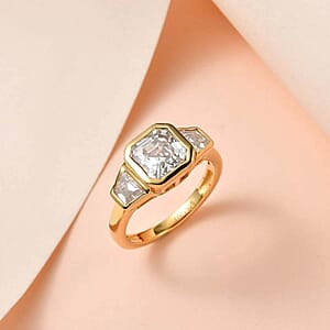 Asscher Cut Moissanite Ring, Moissanite 3 Stone Ring, Vermeil Yellow Gold Over Sterling Silver Ring, Three Stone Ring, Promise Ring 2.40 ctw