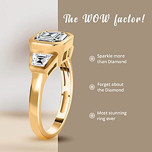 Asscher Cut Moissanite Ring, Moissanite 3 Stone Ring, Vermeil Yellow Gold Over Sterling Silver Ring, Three Stone Ring, Promise Ring 2.40 ctw