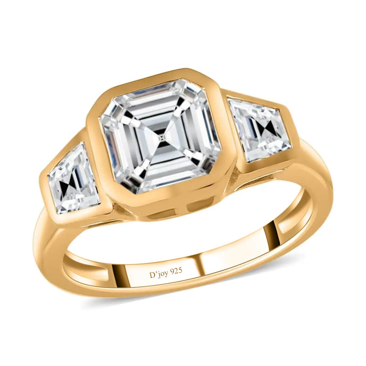 Asscher Cut Moissanite Ring, Moissanite 3 Stone Ring, Vermeil Yellow Gold Over Sterling Silver Ring, Three Stone Ring, Promise Ring 2.40 ctw image number 0