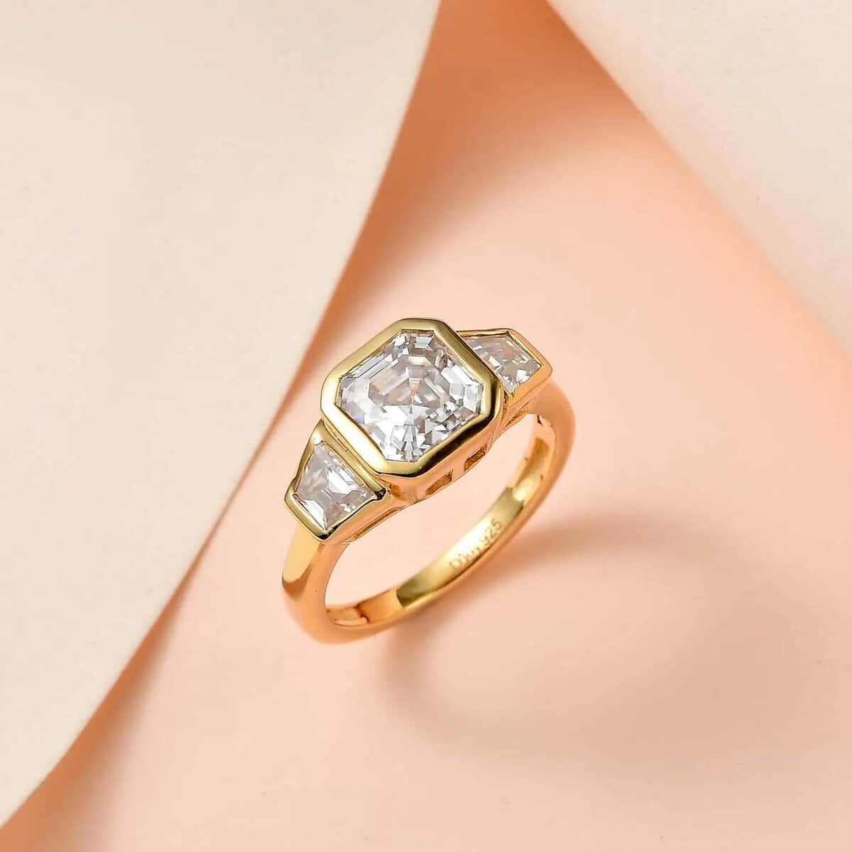 Asscher Cut Moissanite Ring, Moissanite 3 Stone Ring, Vermeil Yellow Gold Over Sterling Silver Ring, Three Stone Ring, Promise Ring 2.40 ctw image number 1