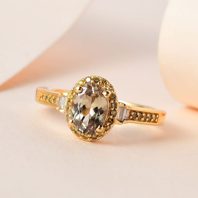 AAA Turkizite, Yellow and White Diamond Halo Ring in Vermeil Yellow Gold Over Sterling Silver (Size 10.0) 1.00 ctw