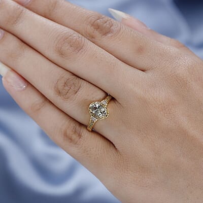 AAA Turkizite, Yellow and White Diamond Halo Ring in Vermeil Yellow Gold Over Sterling Silver (Size 10.0) 1.00 ctw