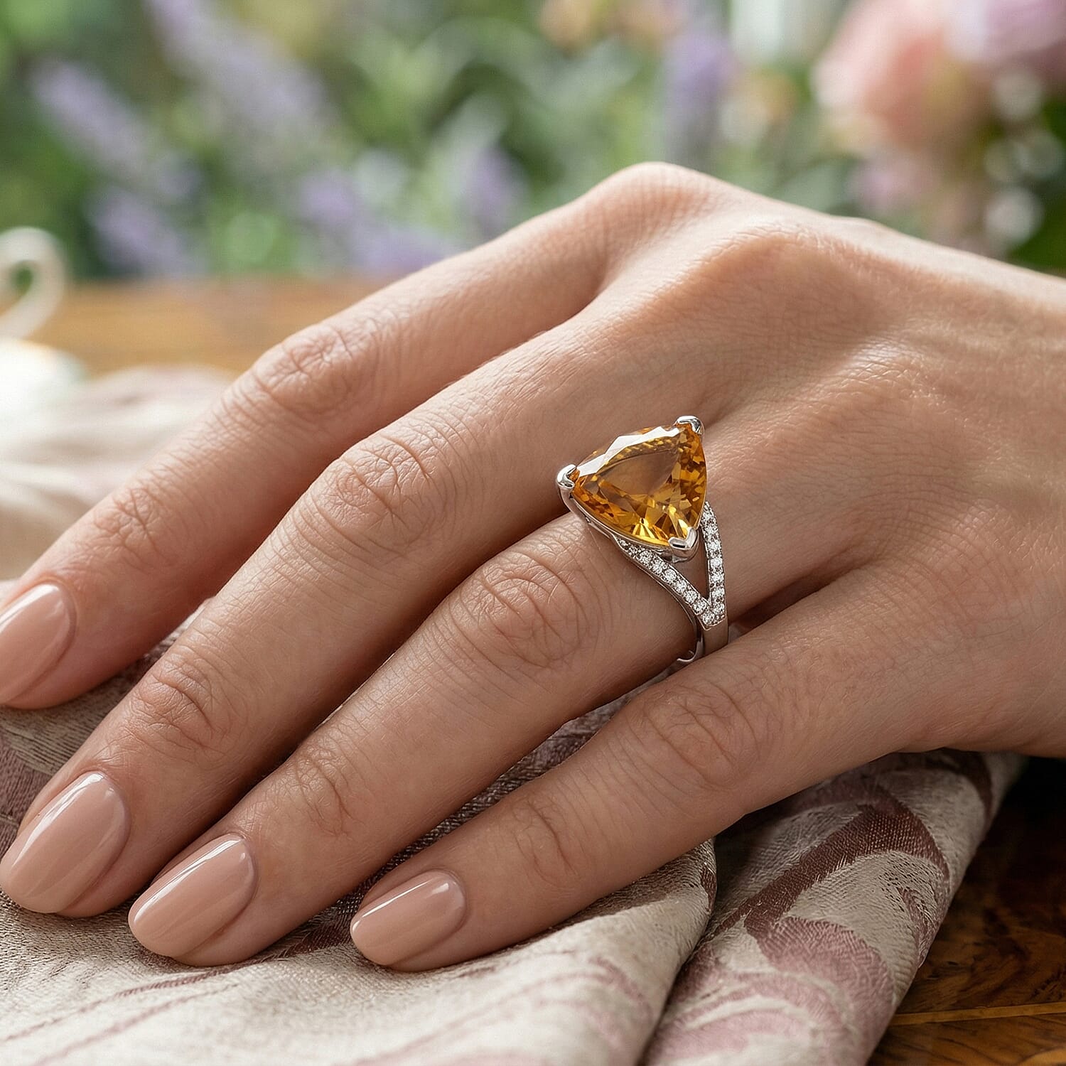 Brazilian Citrine and White Zircon 5.85 ctw Ring in Platinum Over Sterling Silver (Size 9.0)