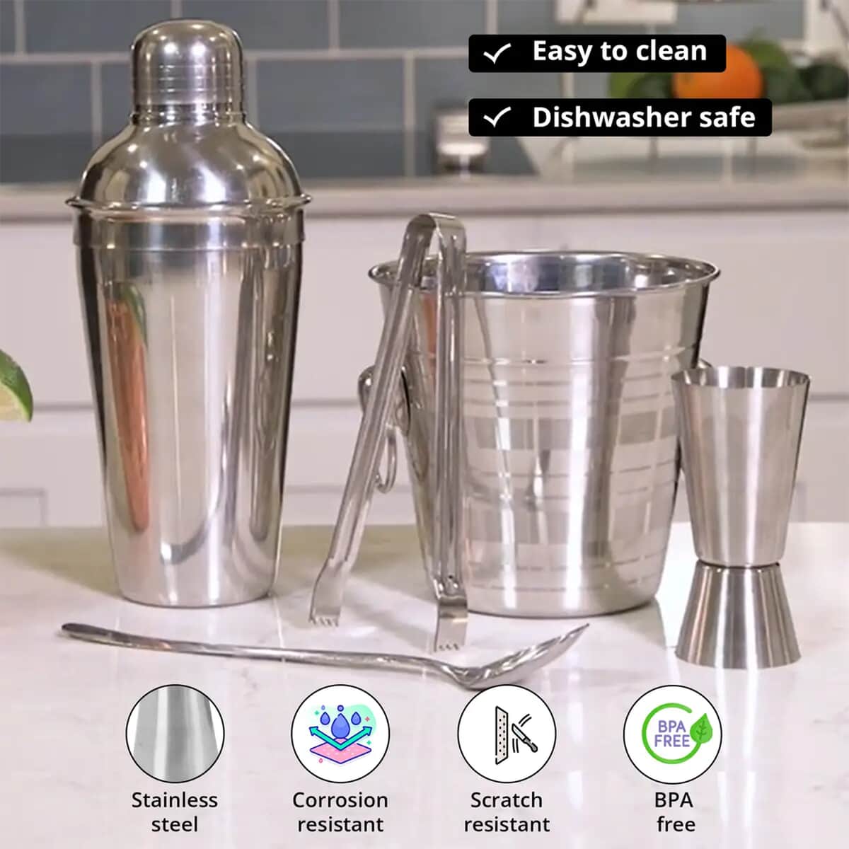 Set of 5 Stainless Steel Bar Set - Cocktail Shaker 500 ml, Ice Tong, Ice Bucket - 800 ml, Peg maker 30/60ml, Cocktail Spoon - Silver image number 3