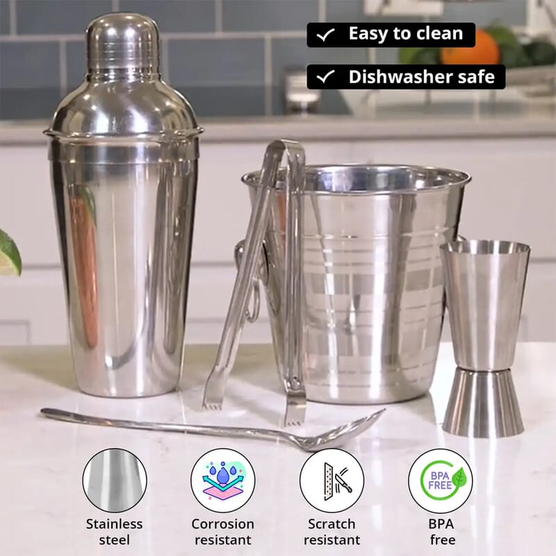 Set of 5 Stainless Steel Bar Set - Cocktail Shaker 500 ml, Ice Tong, Ice Bucket - 800 ml, Peg maker 30/60ml, Cocktail Spoon - Silver
