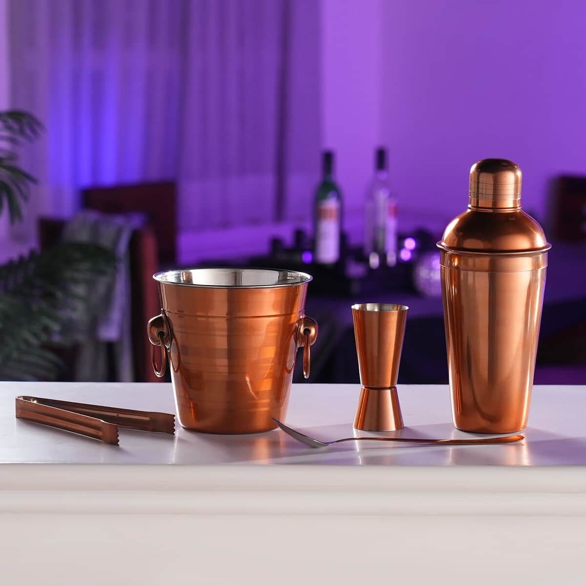 Buy Set of 5 Stainless Steel Bar Set - Cocktail Shaker 500 ml, Ice Tong, Ice  Bucket - 800 ml, Peg maker 30/60ml, Cocktail Spoon - Rosegold at ShopLC.