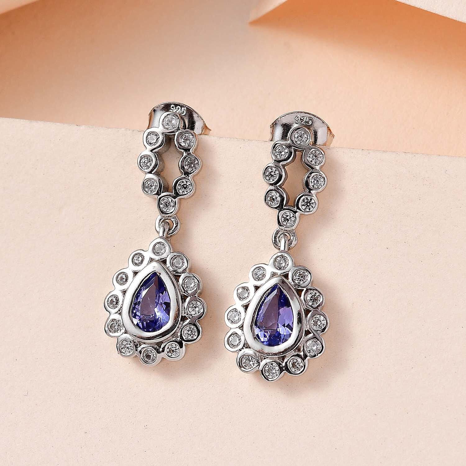 Tanzanite and White Zircon 1.60 ctw Earrings in Platinum Over Sterling Silver