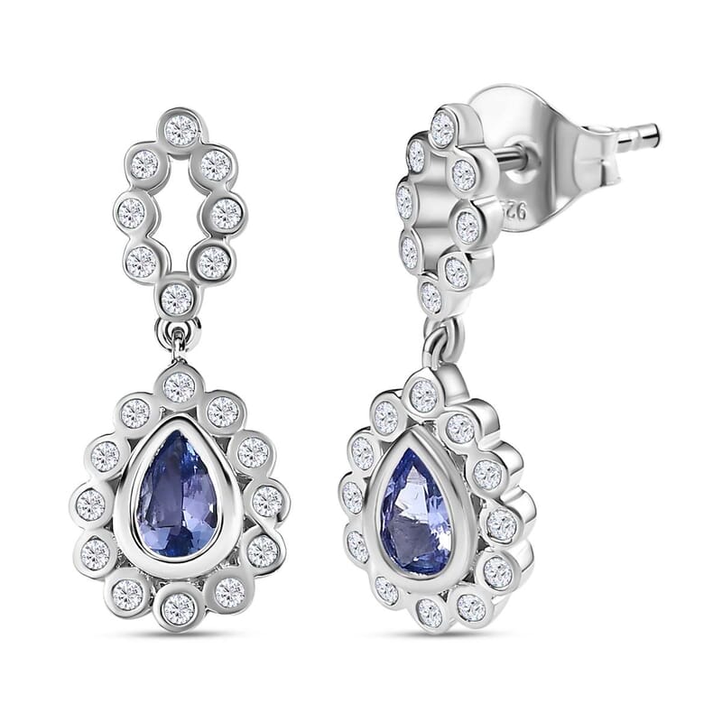 Tanzanite and White Zircon 1.60 ctw Earrings in Platinum Over Sterling Silver