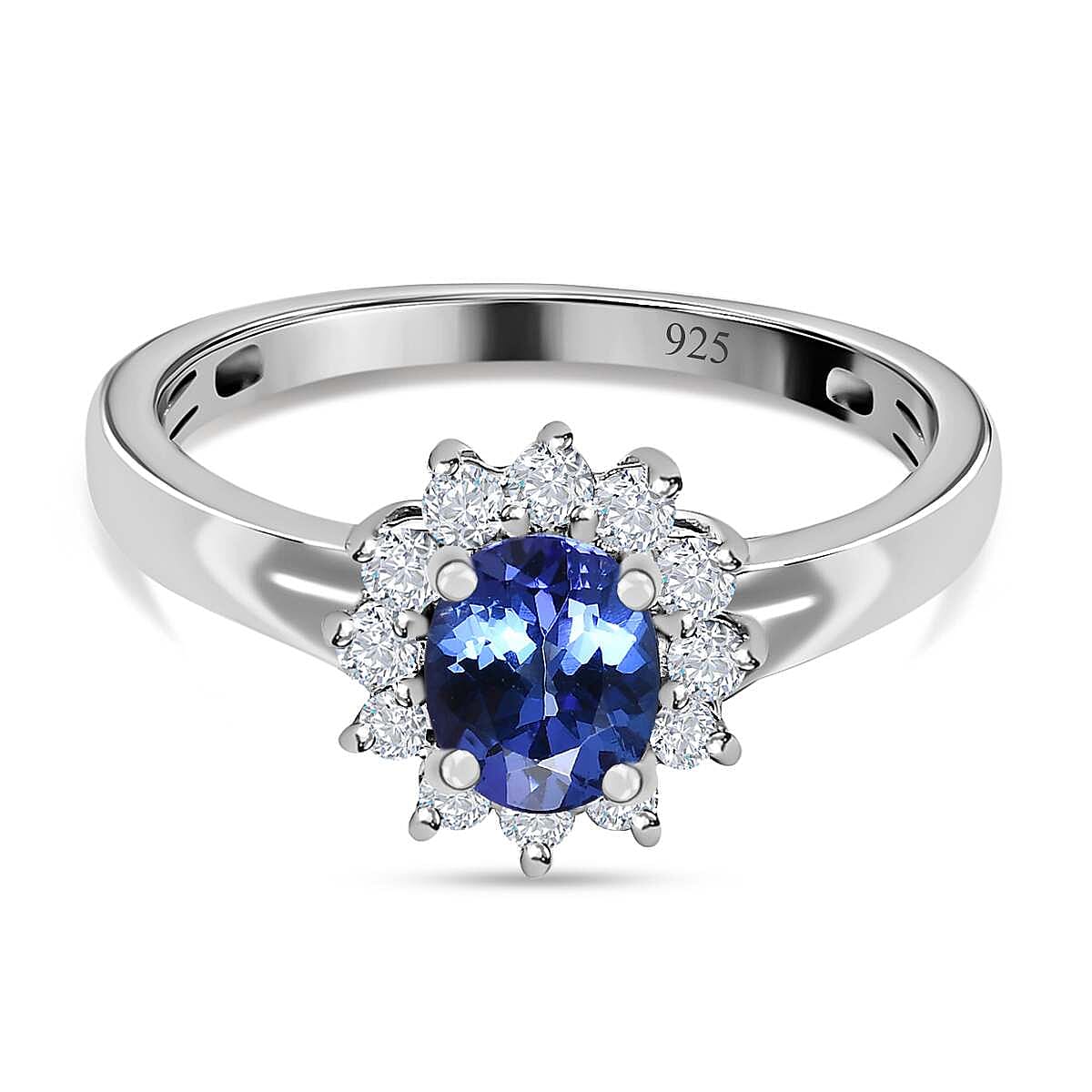 Tanzanite and White Zircon 1.55 ctw Ring in Platinum Over Sterling Silver (Size 10.0)