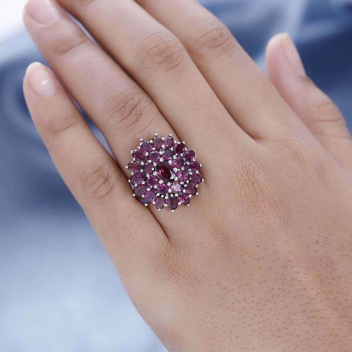 Orissa Rhodolite Garnet Floral Cluster Ring in Platinum Over Sterling Silver, Garnet Jewelry, Birthday Anniversary Gift 5.75 ctw image number 2