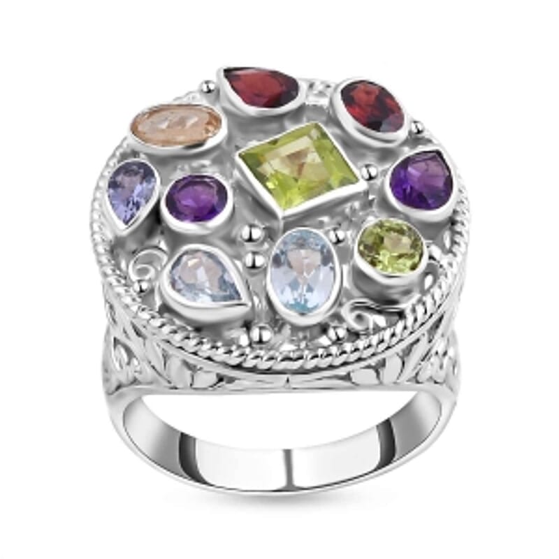 Peridot and Multi Gemstone 4.77 ctw Ring in Sterling Silver (Size 5.5)