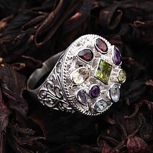 Peridot and Multi Gemstone 4.77 ctw Ring in Sterling Silver (Size 5.5)