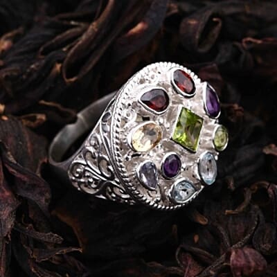 Peridot and Multi Gemstone 4.77 ctw Ring in Sterling Silver (Size 5.5)