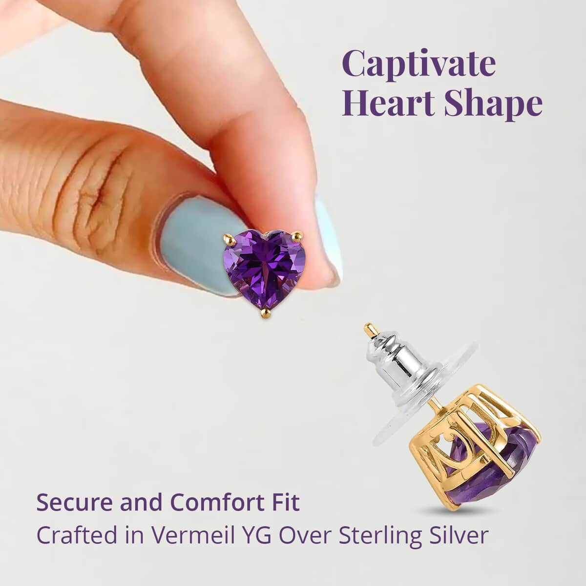 Amethyst Heart Stud Earrings in Vermeil Yellow Gold Over Sterling Silver 5.00 ctw image number 3