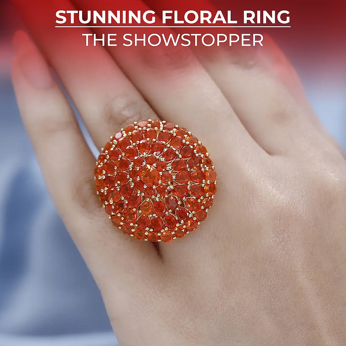 Mexican Fire Opal Floral Ring in Vermeil Yellow Gold Over Sterling Silver 6.65 ctw image number 2