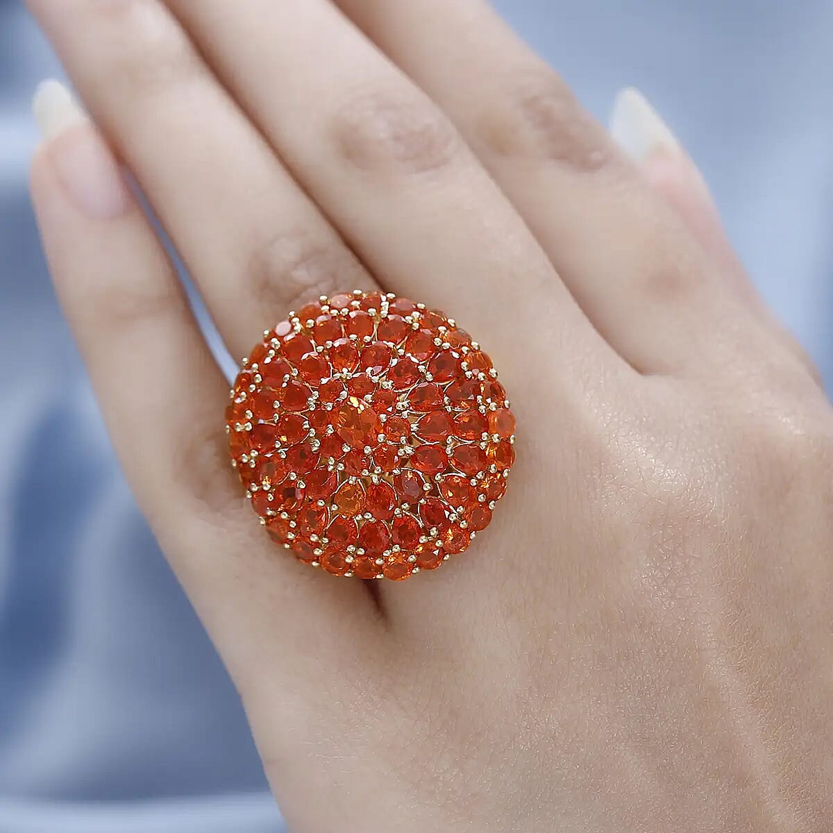 Mexican Fire Opal Floral Ring in Vermeil Yellow Gold Over Sterling Silver 6.65 ctw image number 5