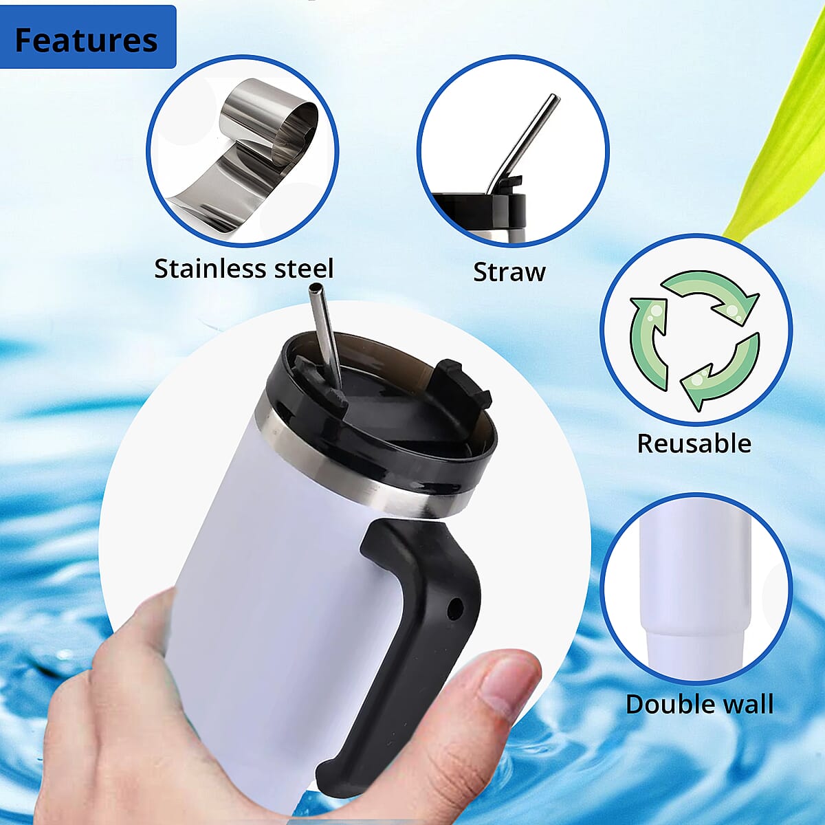 30oz Stainless Steel Cup with Straw - White, Double Walled Leak Proof Reusable Quencher Tumbler For Travel image number 2