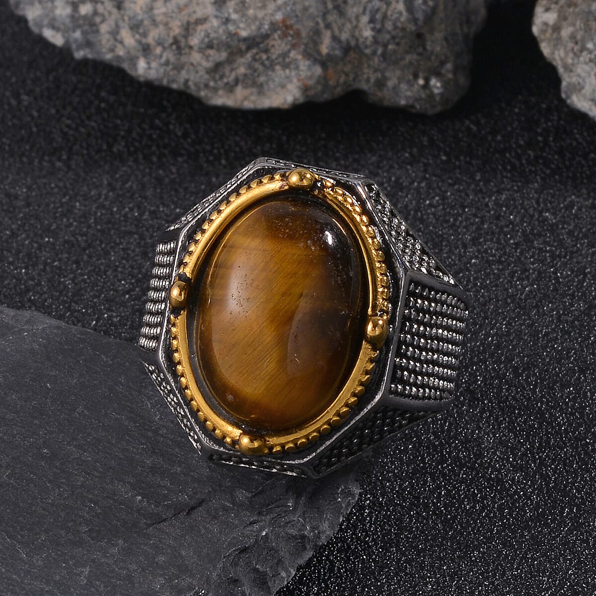 Yellow Tigers Eye 4.00 ctw Men's Ring in ION Plated YG and Stainless Steel (Size 13.0) image number 1