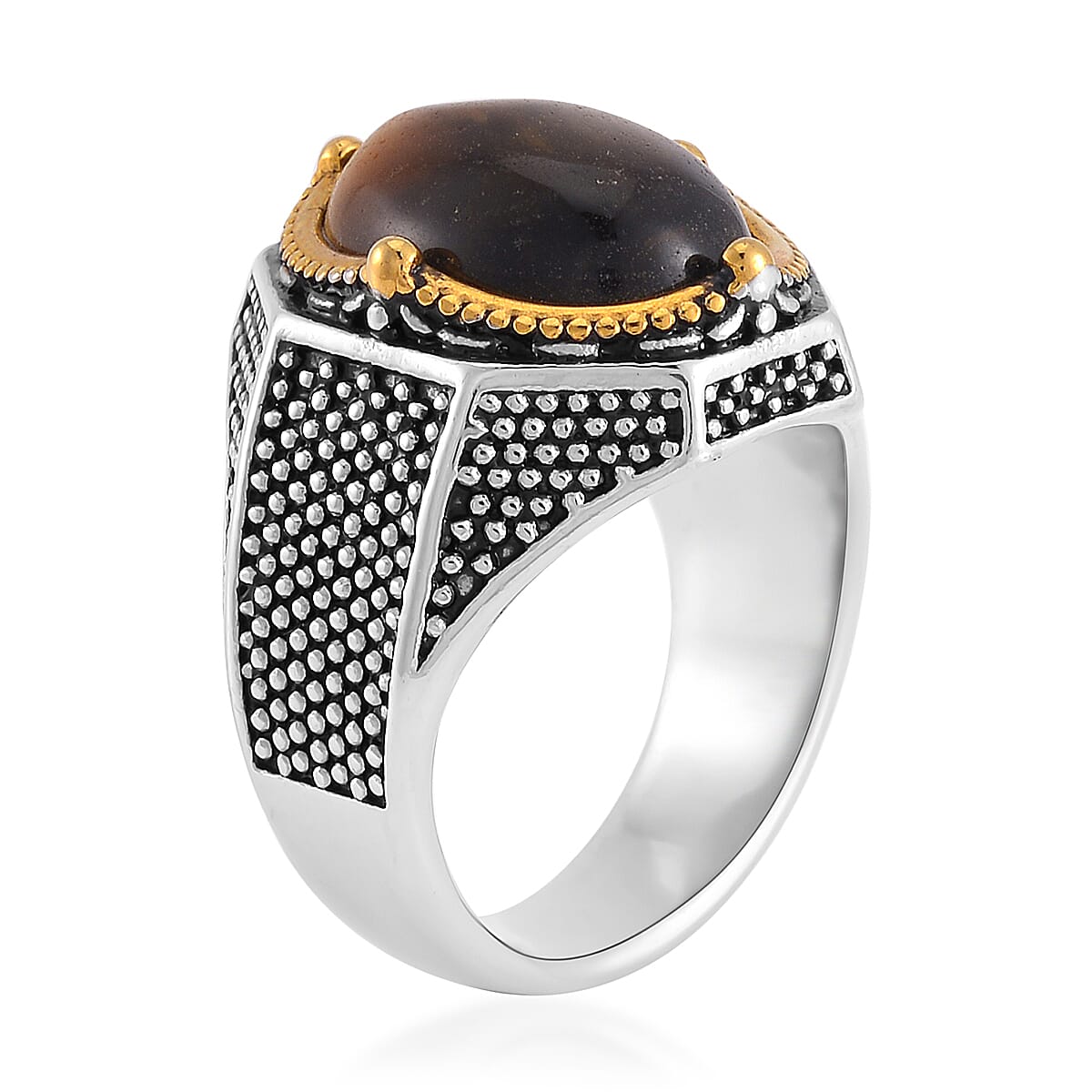 Yellow Tigers Eye 4.00 ctw Men's Ring in ION Plated YG and Stainless Steel (Size 13.0) image number 3