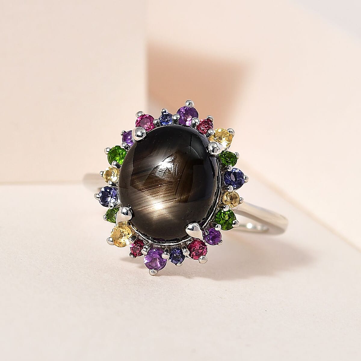 Bankacha Natural Black Star Sapphire and Multi Gemstone Halo Ring in Platinum Over Sterling Silver (Size 10.0) 5.85 ctw image number 1