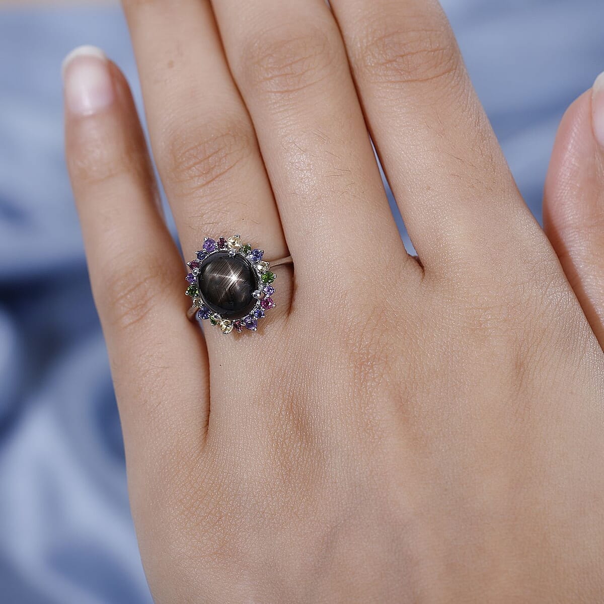 Bankacha Natural Black Star Sapphire and Multi Gemstone Halo Ring in Platinum Over Sterling Silver (Size 10.0) 5.85 ctw image number 2